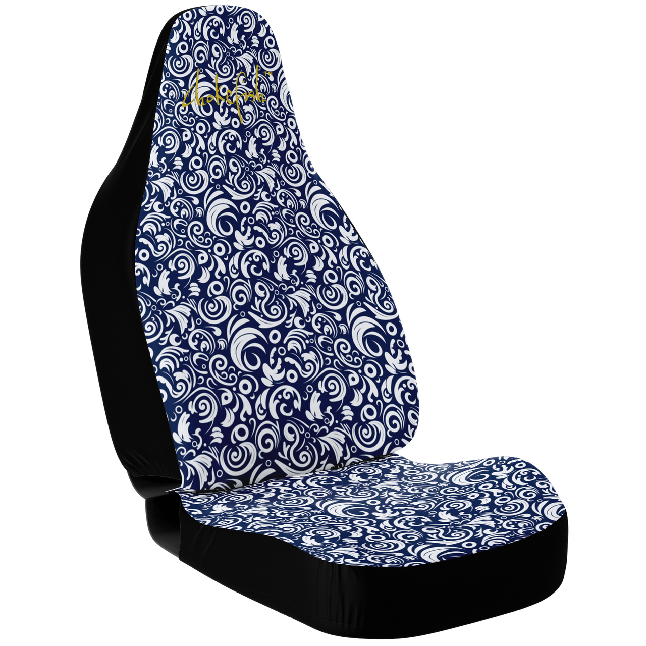 A custom car seat cover featuring a blue and white geometric pattern.