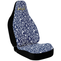A custom car seat cover featuring a blue and white geometric pattern.