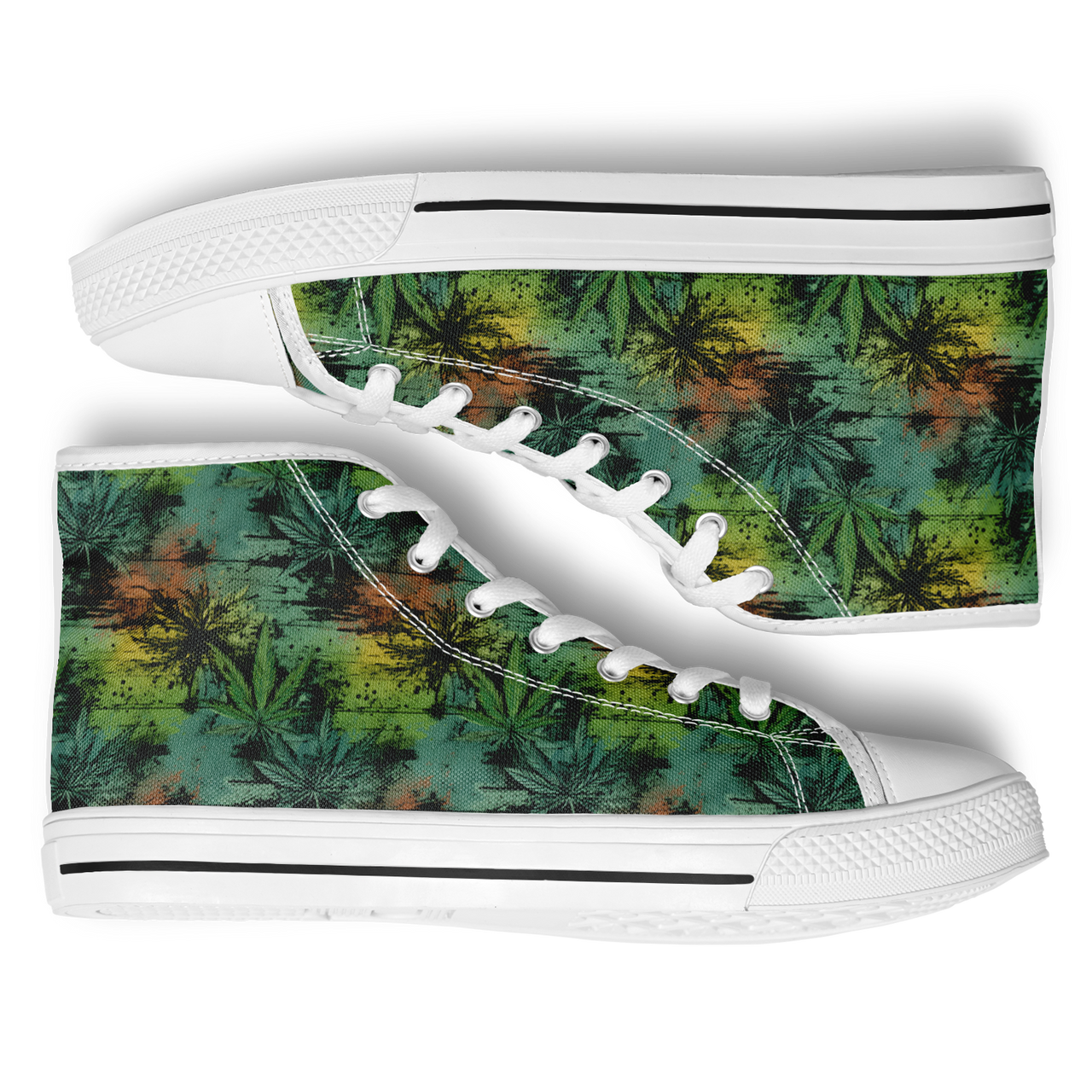 A pair of high top sneakers with a cannabis leaf pattern on the upper in green, white, and yellow colors.
