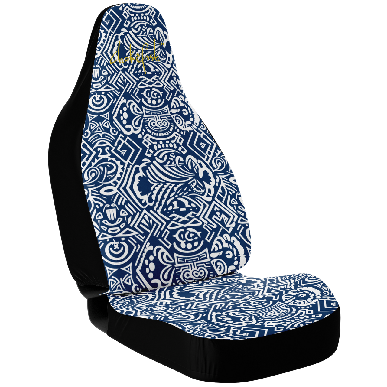 A custom car seat cover featuring a geometric Maori design in blue and white patterns on a black background.