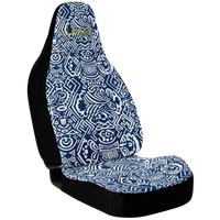 A custom car seat cover featuring a geometric Maori design in blue and white patterns on a black background.