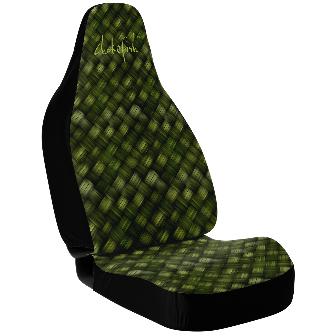 A custom car seat cover with a geometric pattern in green and black colors, branded with 'Chokefish'.