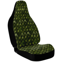 A custom car seat cover with a geometric pattern in green and black colors, branded with 'Chokefish'.