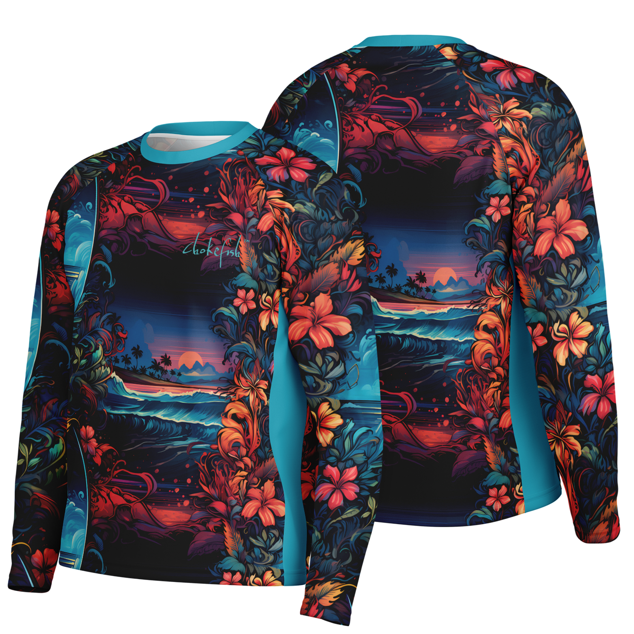 Colorful long-sleeve shirt with floral and landscape design on a white background