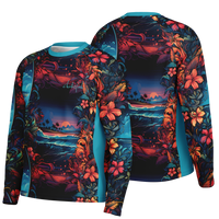 Colorful long-sleeve shirt with floral and landscape design on a white background