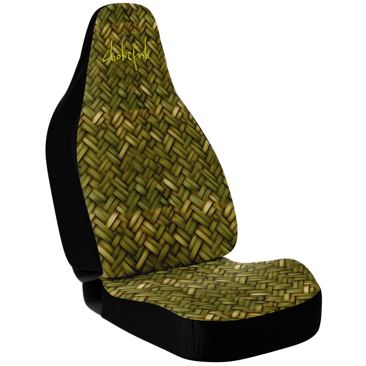 A custom car seat cover featuring a geometric pattern in green tones, branded with the Chokefish logo.