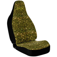 A custom car seat cover featuring a geometric pattern in green tones, branded with the Chokefish logo.