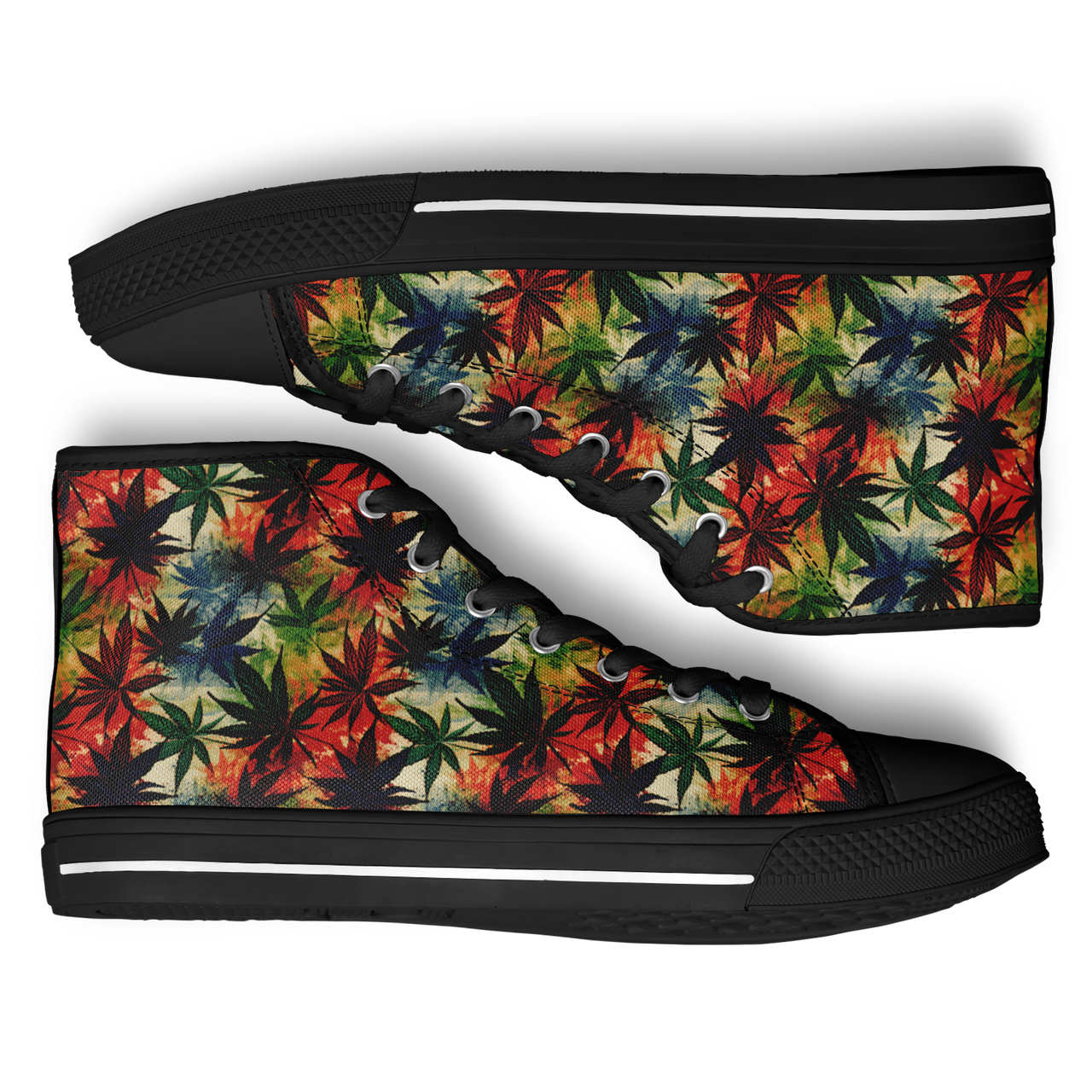 A pair of high-top sneakers with a cannabis leaf pattern in multiple colors on a black background.