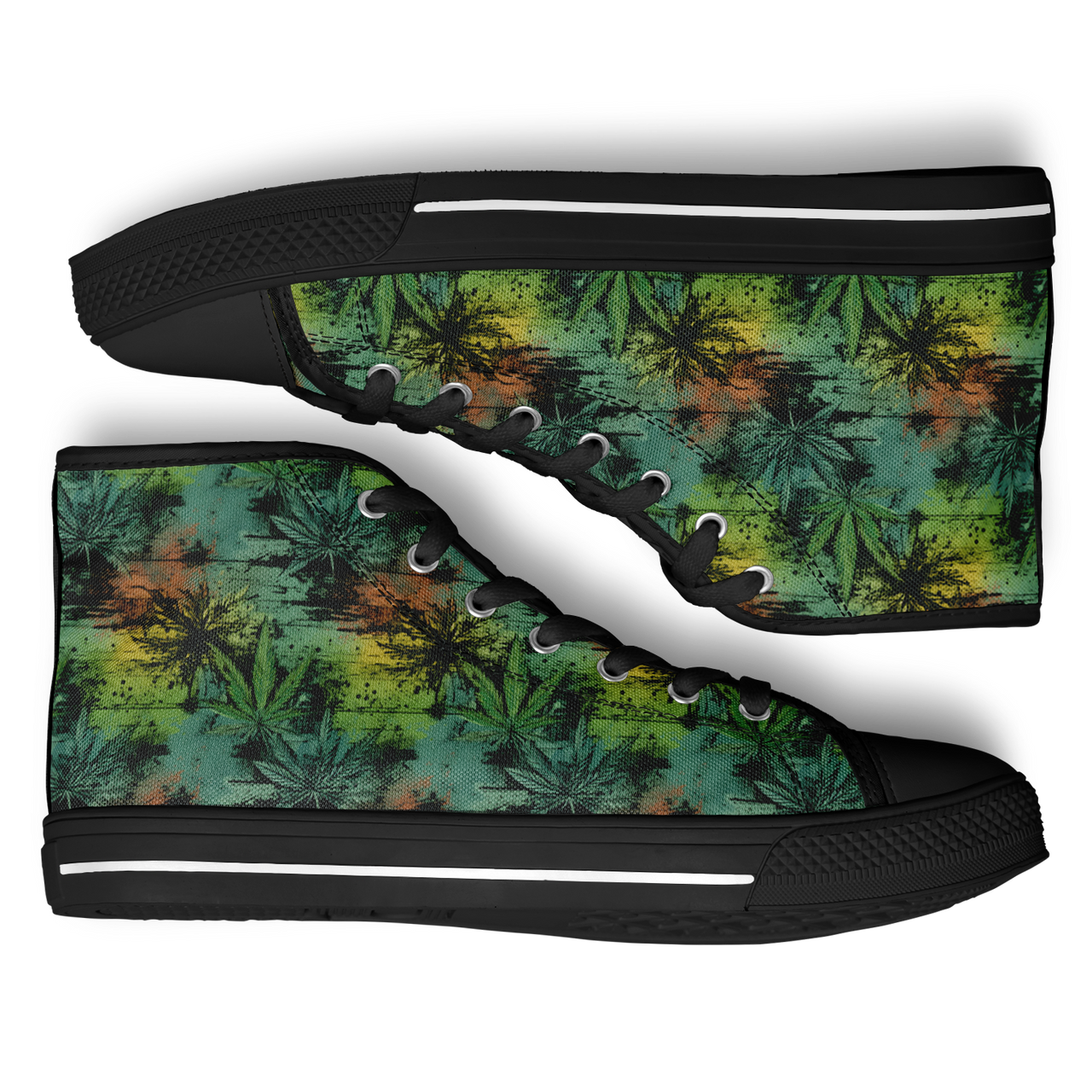 A pair of Chokefish Urban Peak Retro High Tops sneakers with a cannabis leaf pattern in multiple colors.