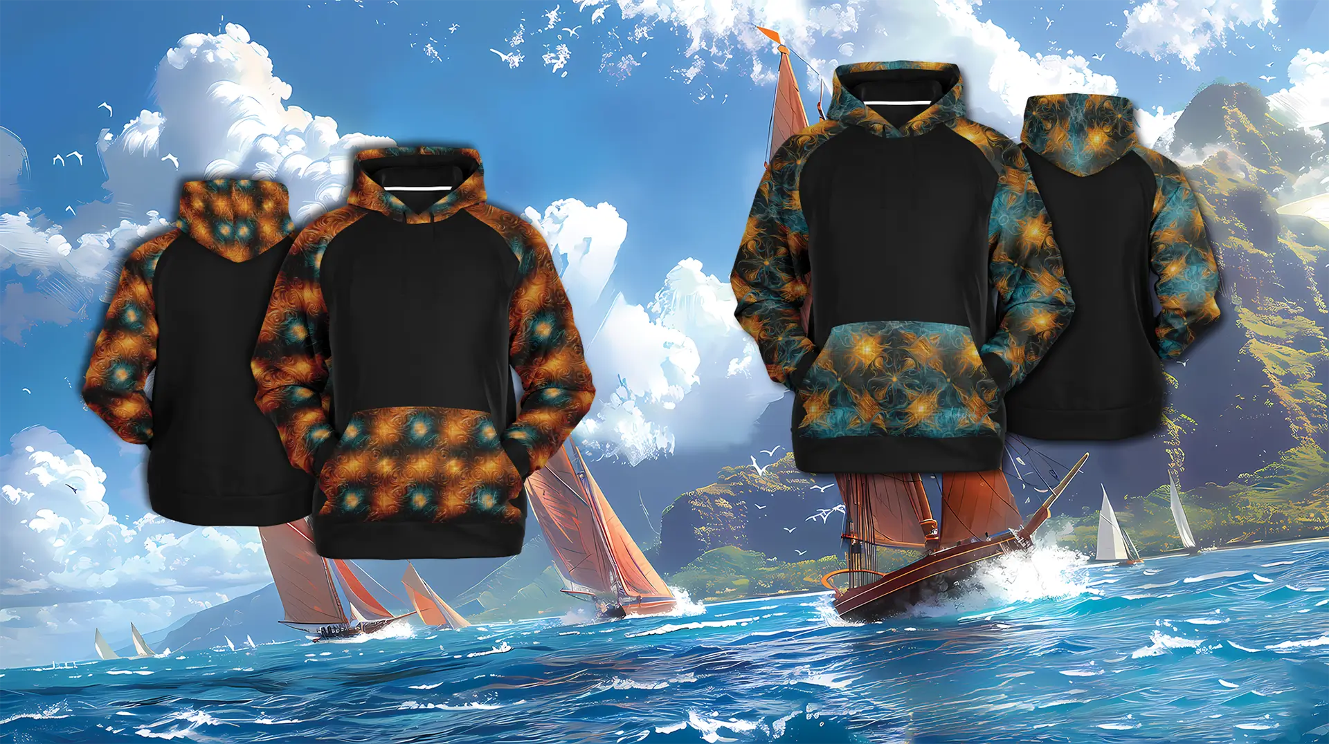 Two-tone hoodie with printed sleeves and kangaroo pocket