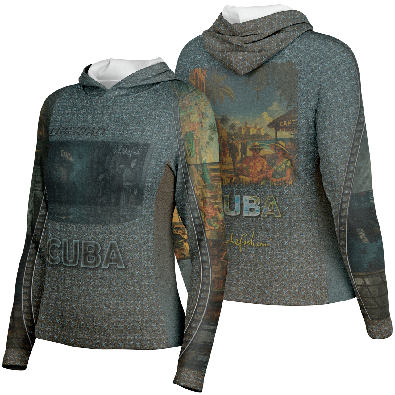 Chokefish™ Long Sleeve Every Day All Weather Shirt Hooded Women's Story of Cuba