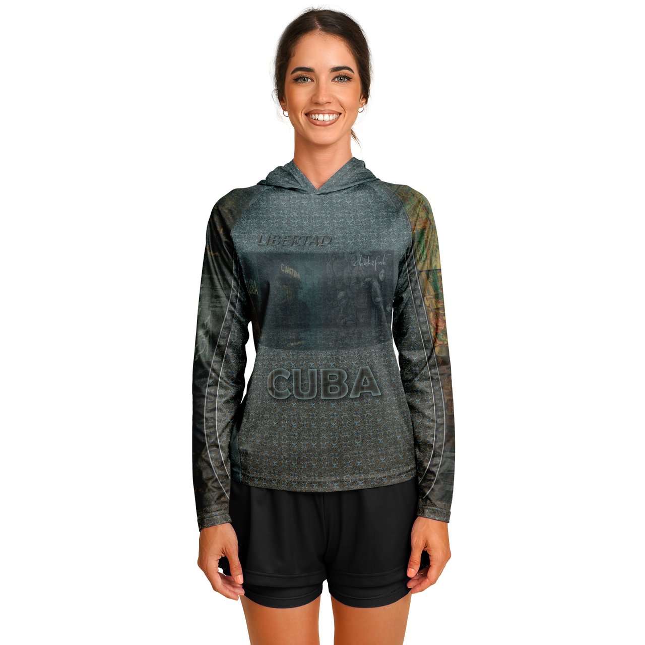 Chokefish™ Long Sleeve Every Day All Weather Shirt Hooded Women's Story of Cuba