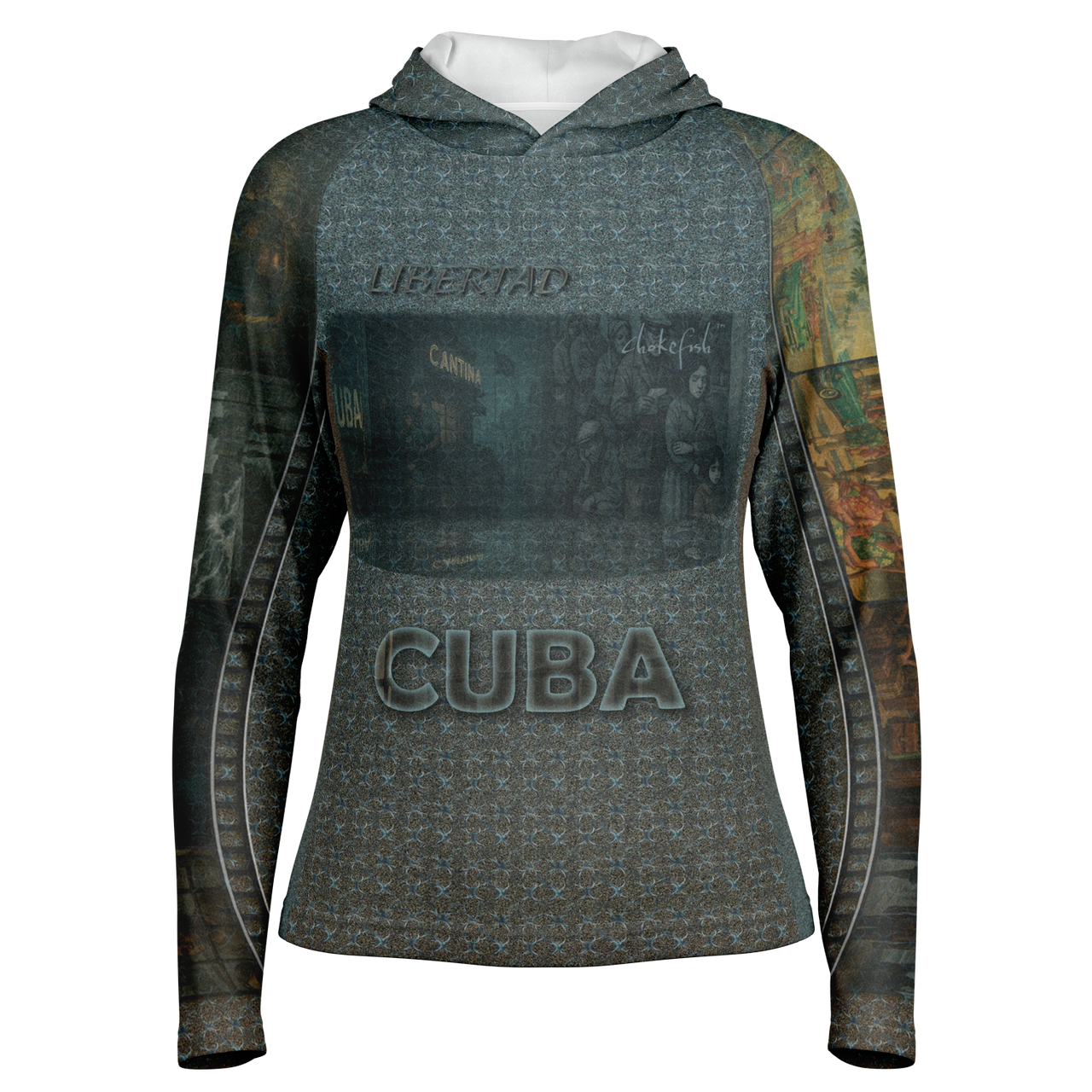 Chokefish™ Long Sleeve Every Day All Weather Shirt Hooded Women's Story of Cuba