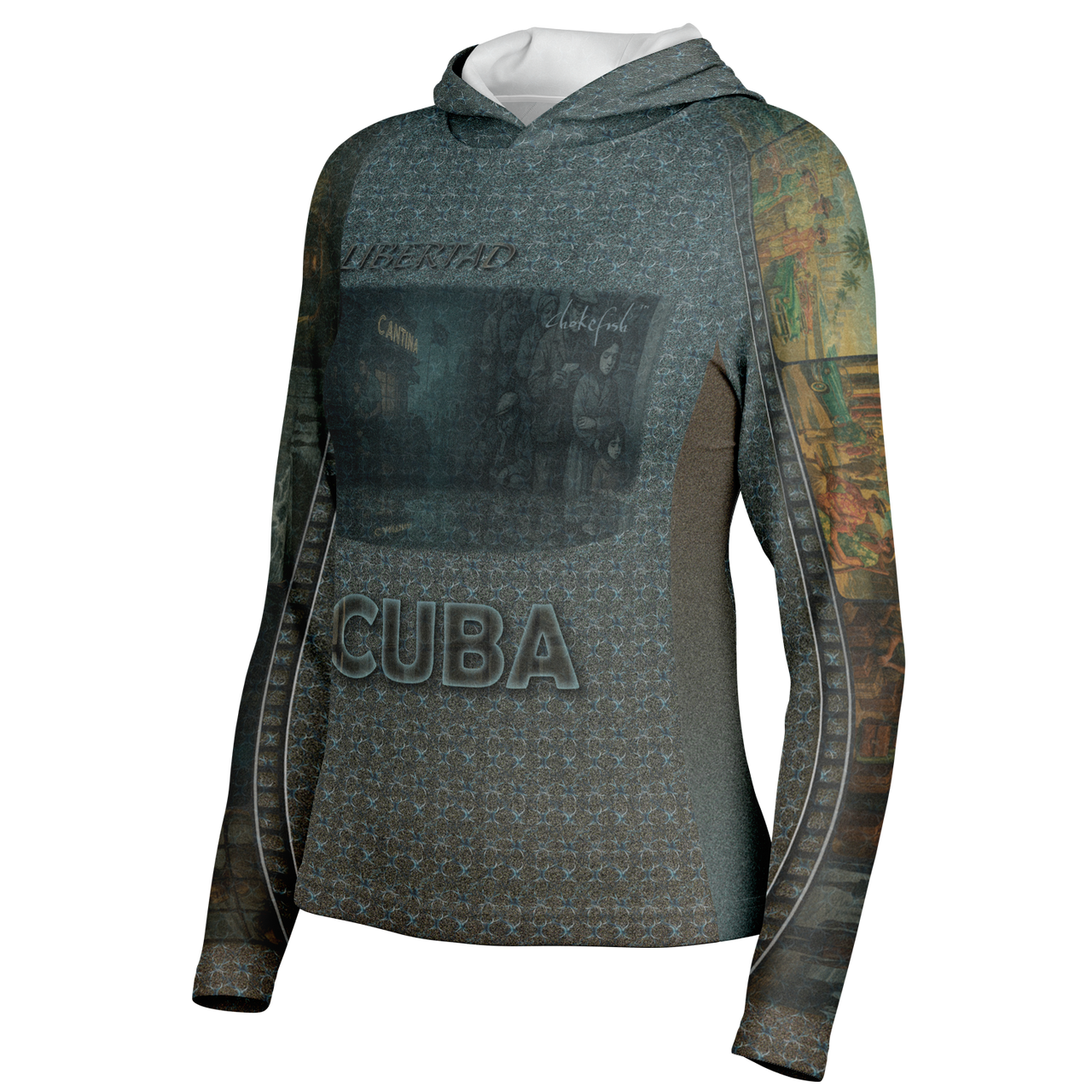 Chokefish™ Long Sleeve Every Day All Weather Shirt Hooded Women's Story of Cuba
