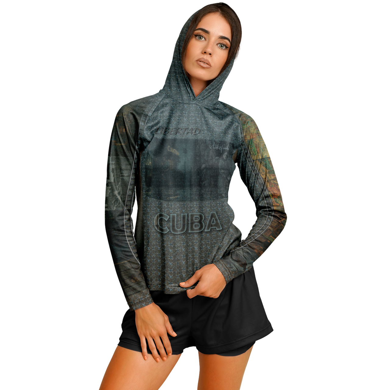 Chokefish™ Long Sleeve Every Day All Weather Shirt Hooded Women's Story of Cuba